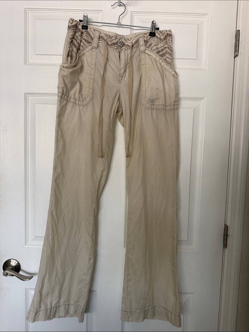 Miss Me Linen Beige Drawstring Trousers with Patterned Waist